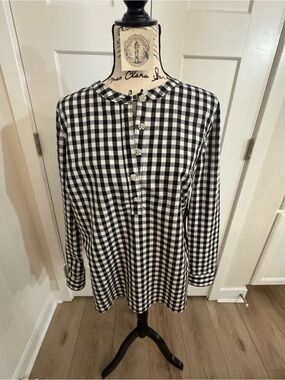 Talbots Medium Tunic Buffalo Plaid Rhinestone Button Shirt Black White Check